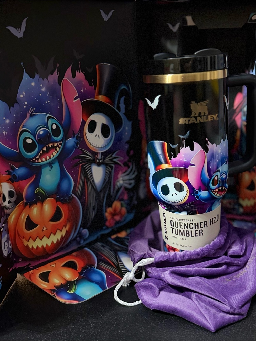Stanley Black Quencher H2.0 Tumbler with Blue & Purple Halloween Stitch Design